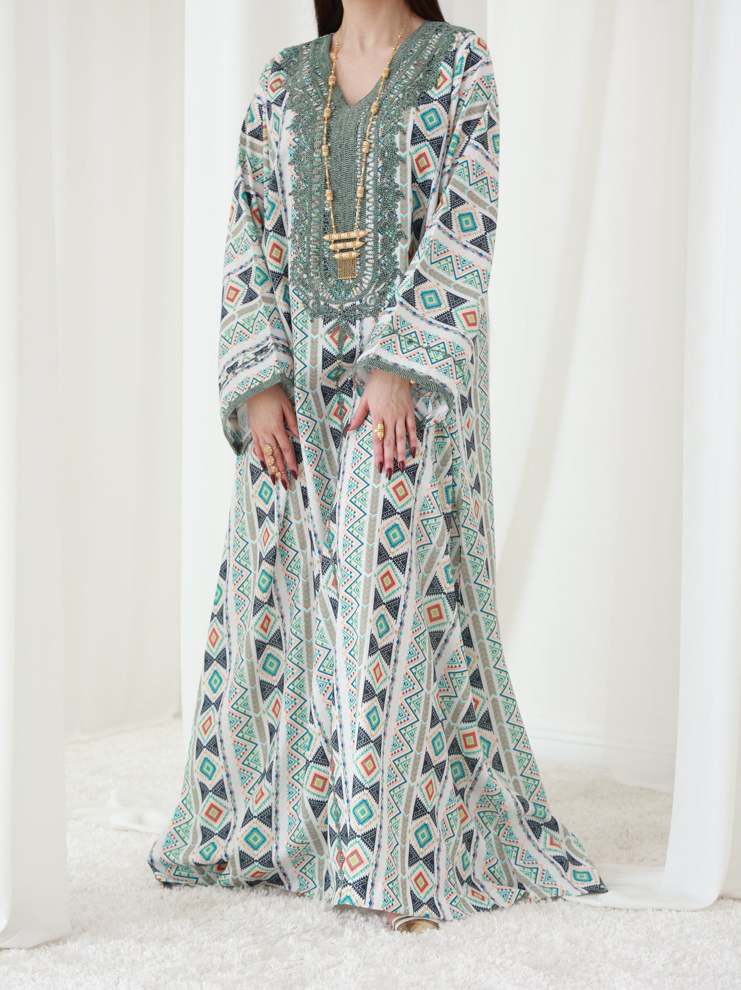 Emerald Geometry Embriodery and Print Dress