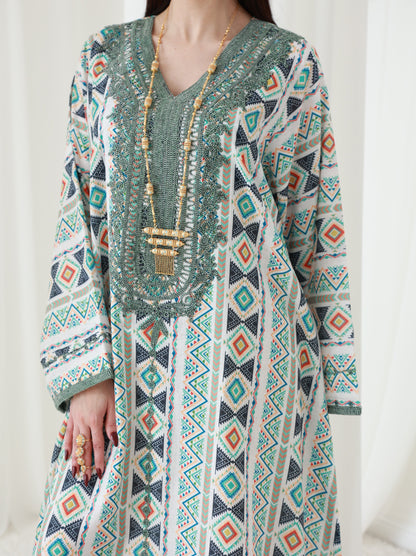 Emerald Geometry Embriodery and Print Dress