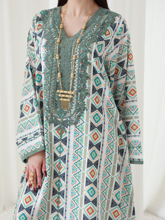 Emerald Geometry Embriodery and Print Dress