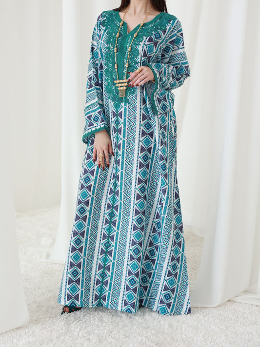 Teal Mirage Geomatrical Print with Embroidery