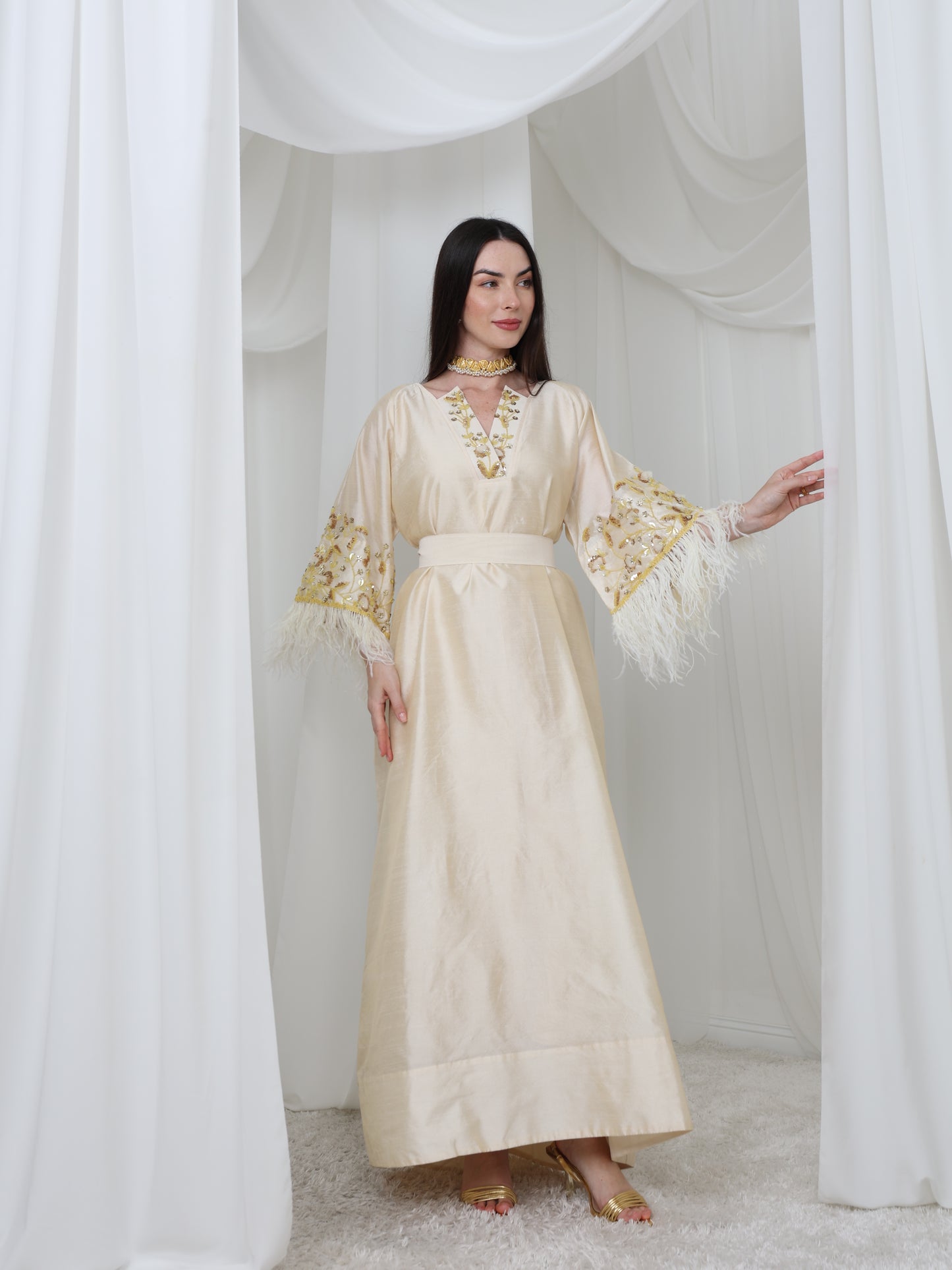 Cream Satin Dress with Embellished Feather Sleeves