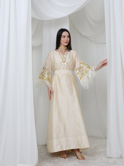 Cream Satin Dress with Embellished Feather Sleeves