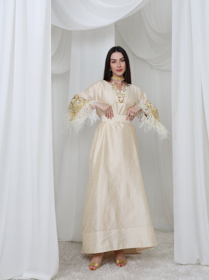 Cream Satin Dress with Embellished Feather Sleeves