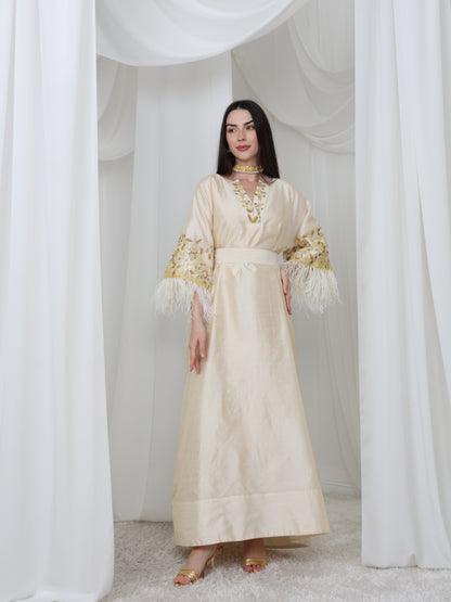 Cream Satin Dress with Embellished Feather Sleeves