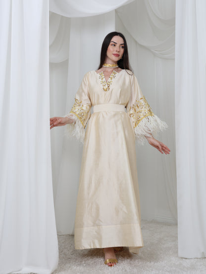 Cream Satin Dress with Embellished Feather Sleeves