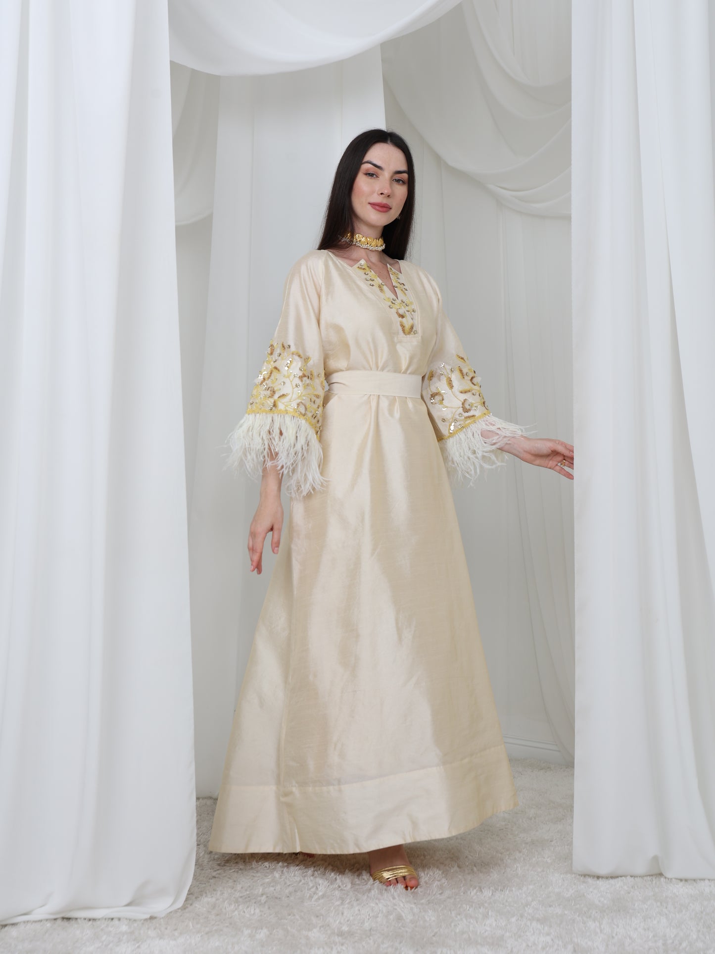 Cream Satin Dress with Embellished Feather Sleeves
