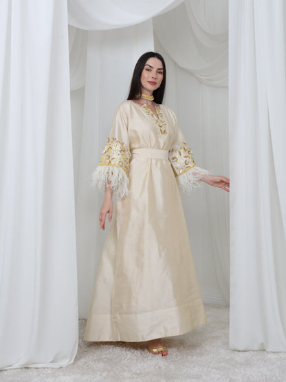 Cream Satin Dress with Embellished Feather Sleeves