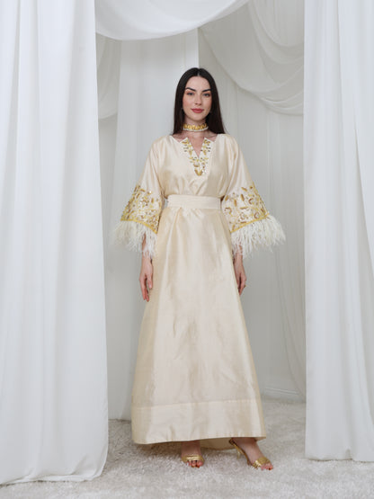 Cream Satin Dress with Embellished Feather Sleeves