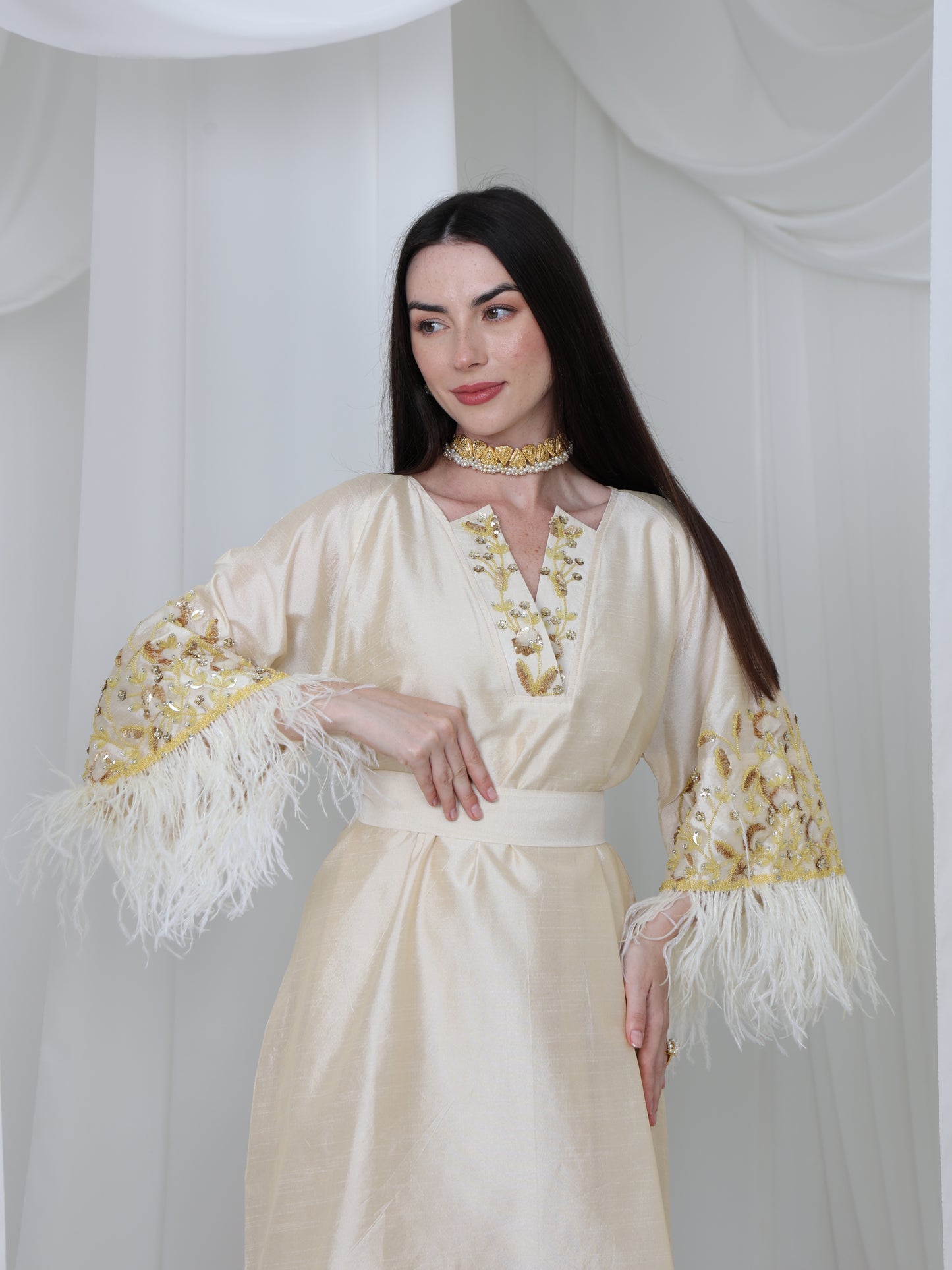 Cream Satin Dress with Embellished Feather Sleeves