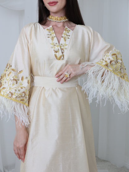 Cream Satin Dress with Embellished Feather Sleeves