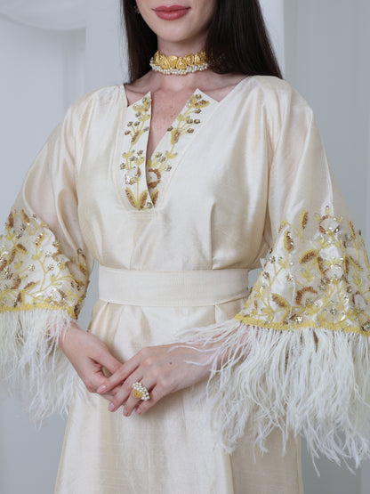 Cream Satin Dress with Embellished Feather Sleeves