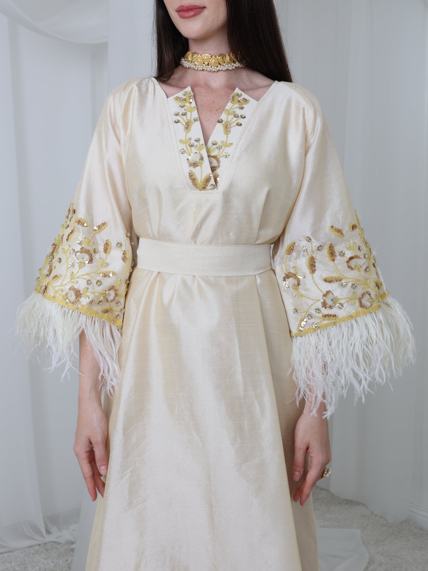 Cream Satin Dress with Embellished Feather Sleeves