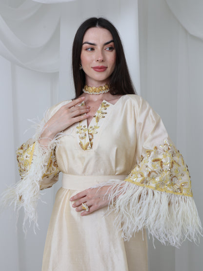 Cream Satin Dress with Embellished Feather Sleeves