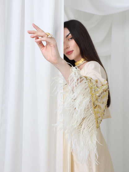 Cream Satin Dress with Embellished Feather Sleeves