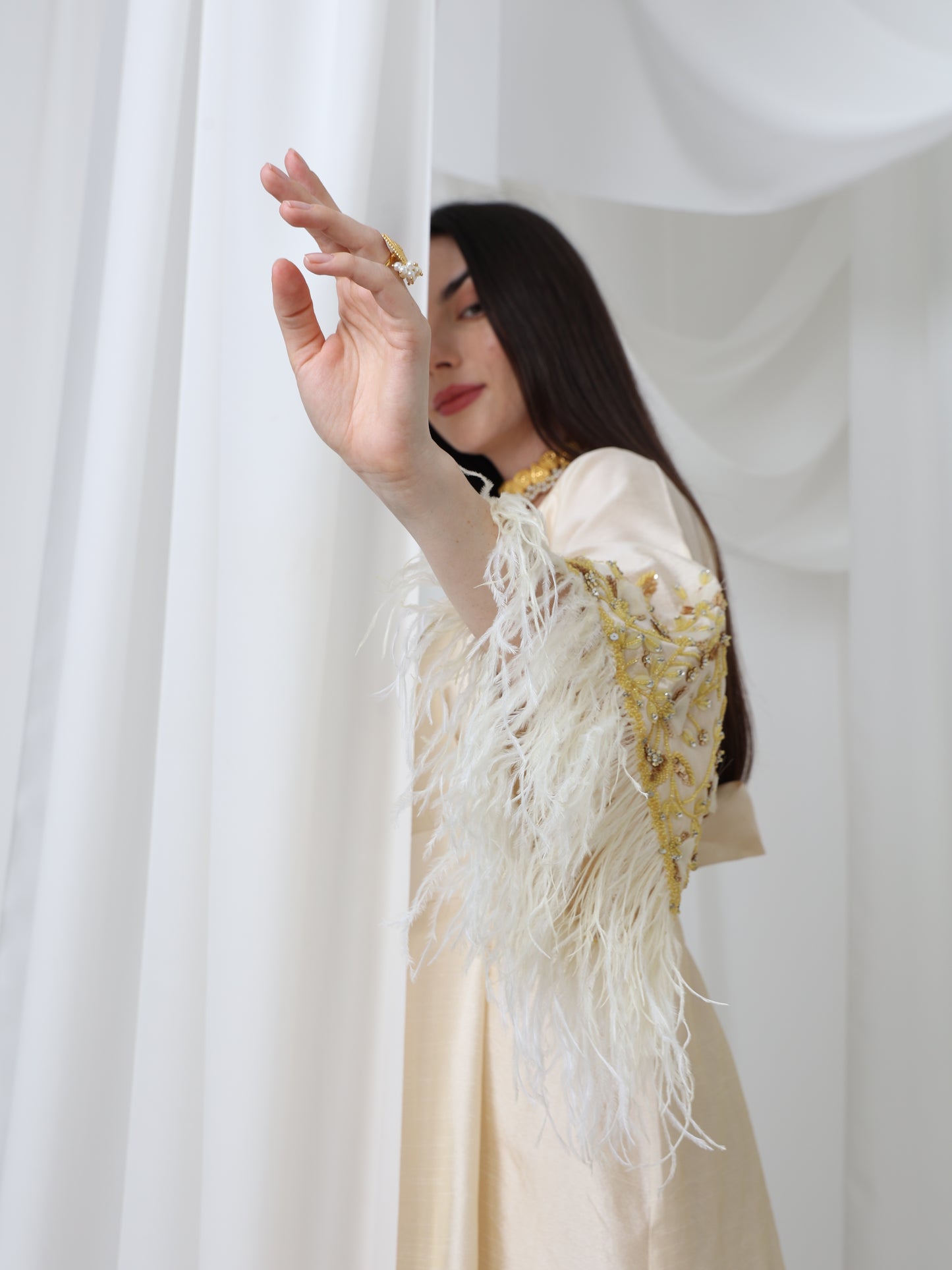 Cream Satin Dress with Embellished Feather Sleeves