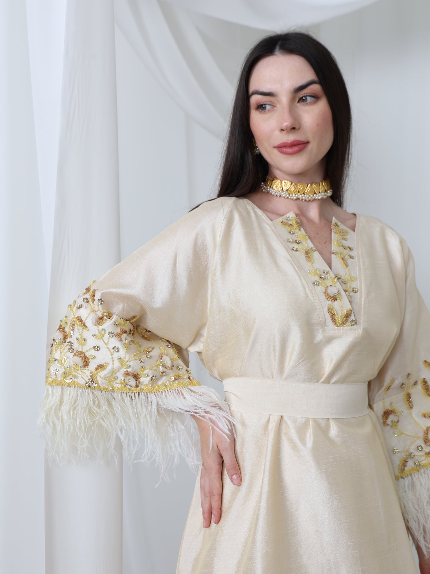 Cream Satin Dress with Embellished Feather Sleeves