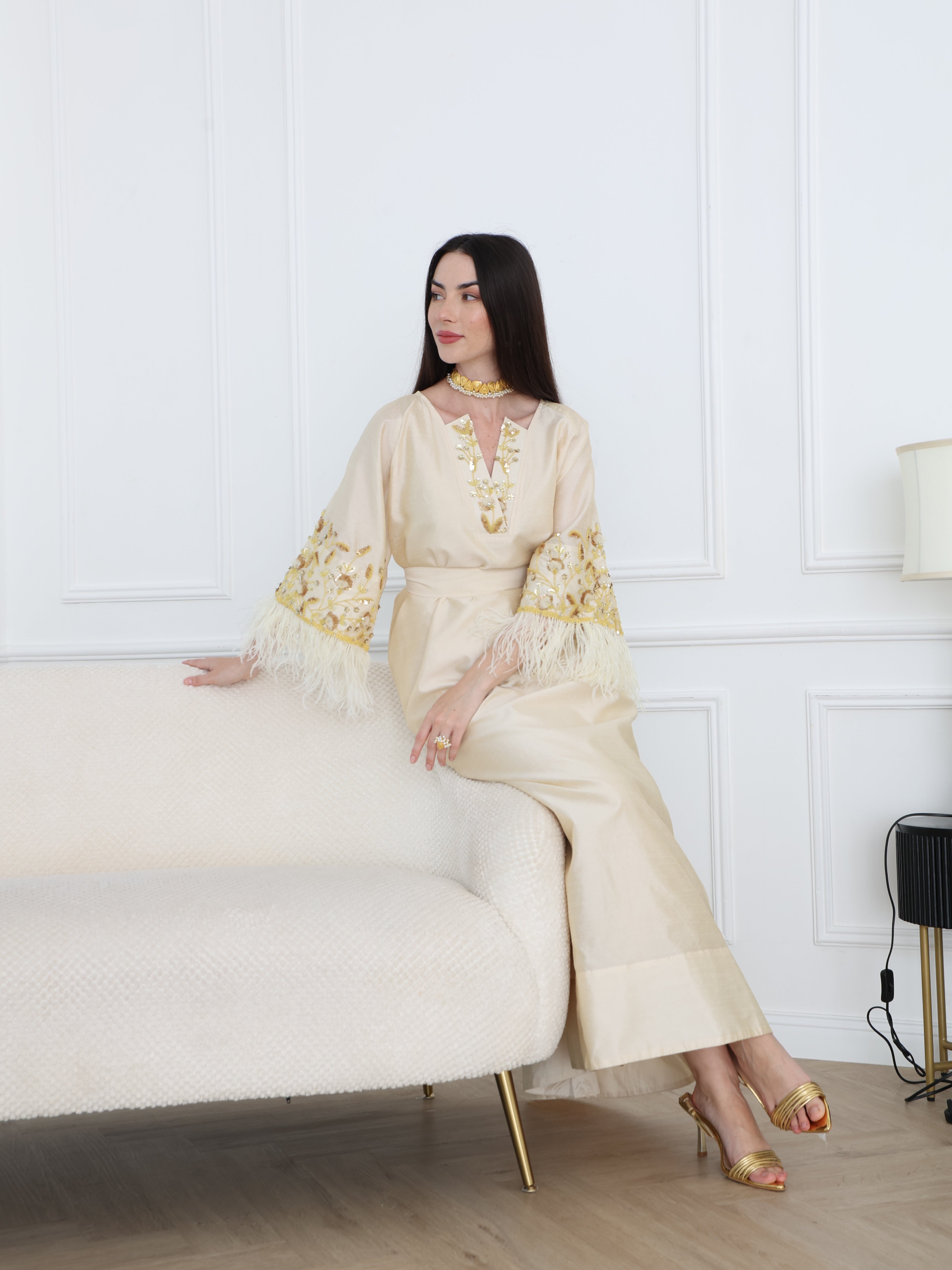 Cream Satin Dress with Embellished Feather Sleeves