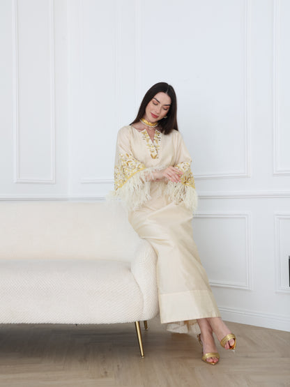 Cream Satin Dress with Embellished Feather Sleeves