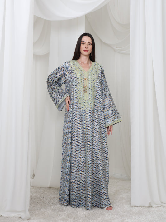 Embroidered Blue and Yellow Patterned Kaftan